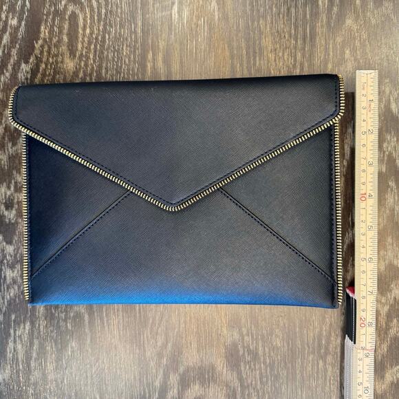 Rebecca Minkoff Leo Envelope Zip Clutch Bag Black Safiano Faux Leather Gold Trim - Picture 13 of 13